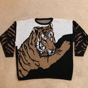 Vintage 80s Lurking Tiger Slouchy Oversized Crewneck Sweater Womens XL Metallic